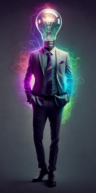 Man in suit and tie is standing front of light bulb generative ai