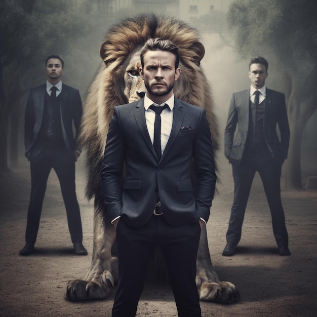 a man in a suit and tie is standing in front of a lion.