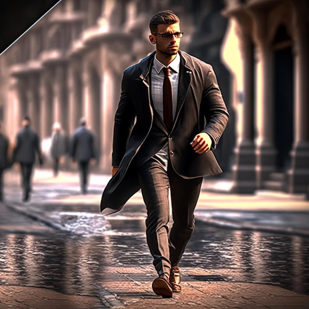 A man in a suit and tie is walking across a street.