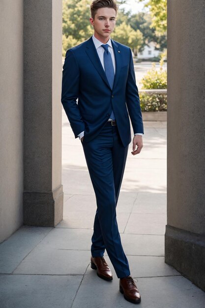 Photo a man in a suit and tie is walking down the sidewalk