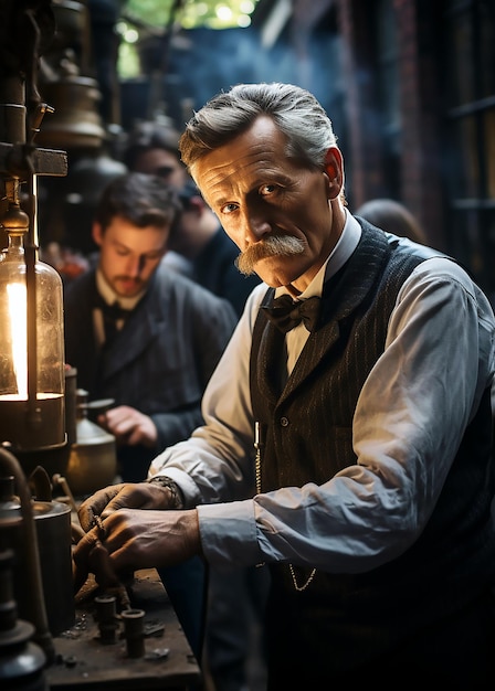 A man in a suit and tie is working on a lamp.