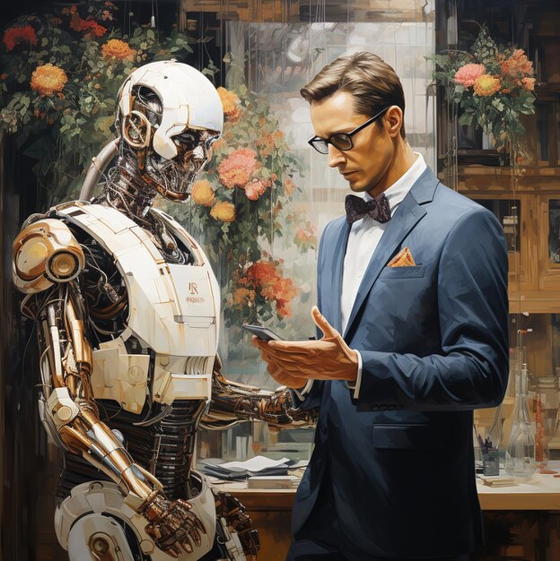 Photo a man in a suit and tie looking at a robot