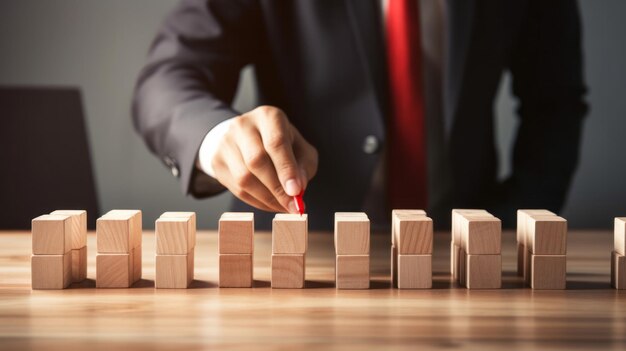 A man in a suit and tie playing with wooden blocks