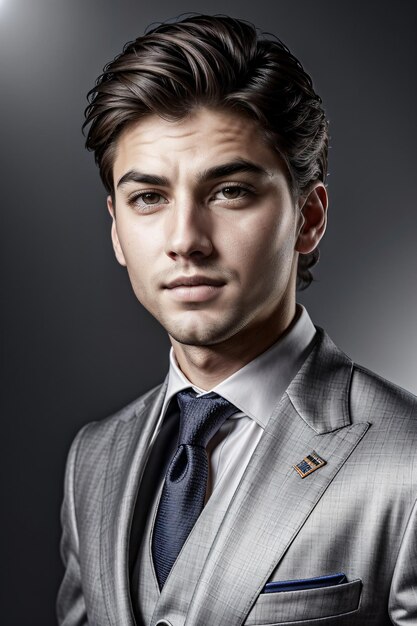 a man in a suit and tie posing for a picture in a studio setting with a spotlight behind him and a s