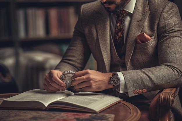 A man in a suit and tie reads a book while holding a pocket watch