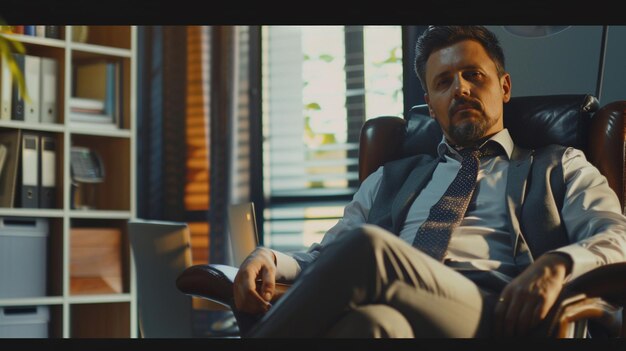 Photo a man in a suit and tie sits in a chair with a laptop in front of him