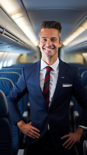 飛行機の中で立っているスーツとネクタイを着た男性
