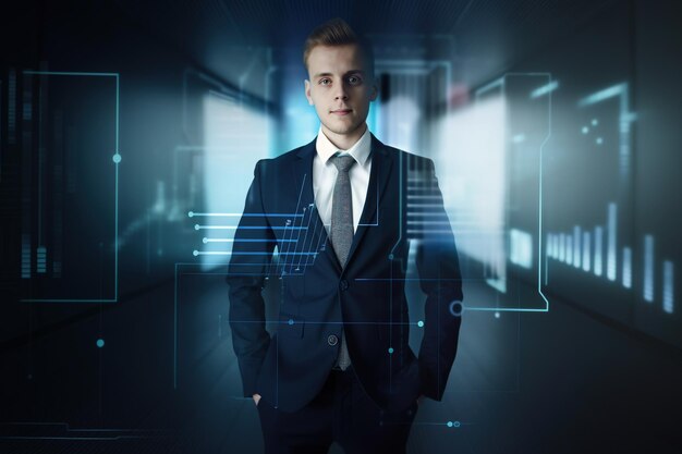 Photo a man in a suit and tie standing in a dark room ai generative image