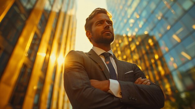 Photo man in suit and tie standing in front of tall buildings