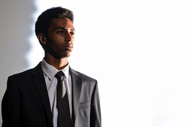 Photo a man in a suit and tie standing in front of a wall