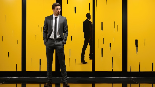 A man in a suit and tie standing in front of a yellow wall Generative AI