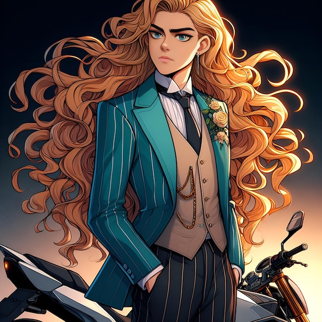 man in a suit and tie standing next to a motorcycle modern official art handsome