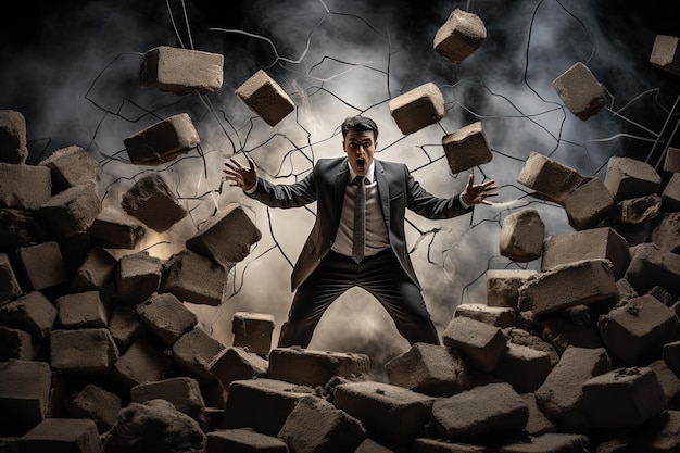 Photo a man in a suit and tie standing in a pile of bricks