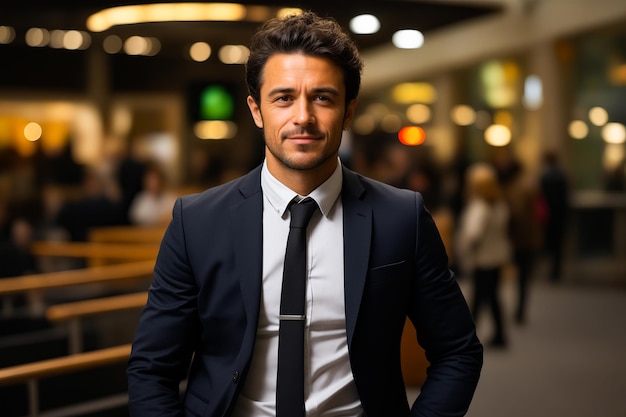 Man in suit and tie standing in room with people Generative AI