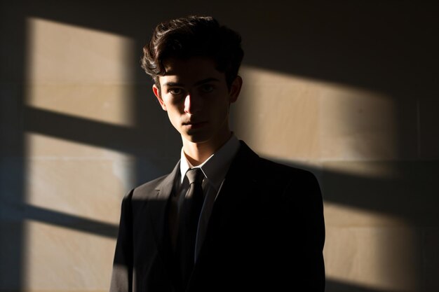 a man in a suit and tie standing in a room