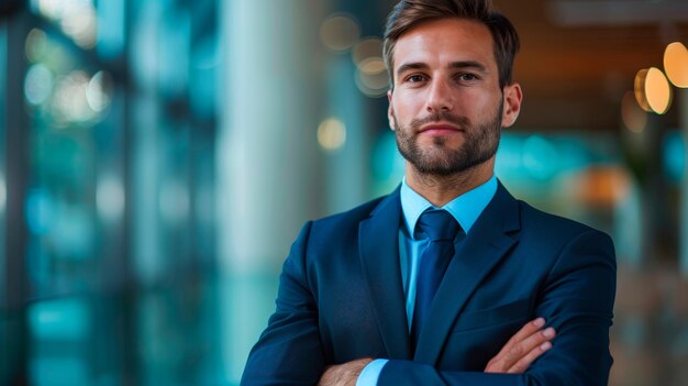 Man in Suit and Tie Standing With Arms Crossed Generative AI