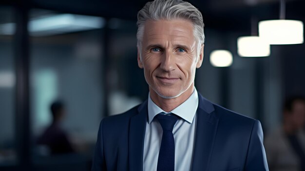 A man in a suit and tie stands in a dark room with a light blue shirt and a white shirt.