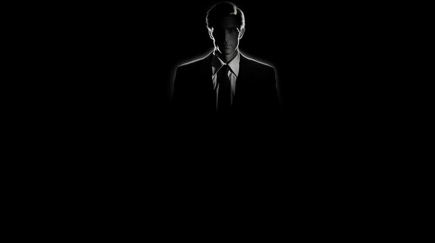 a man in a suit and tie stands in a dark room.