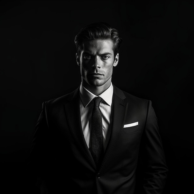 A man in a suit and tie stands in front of a black background.
