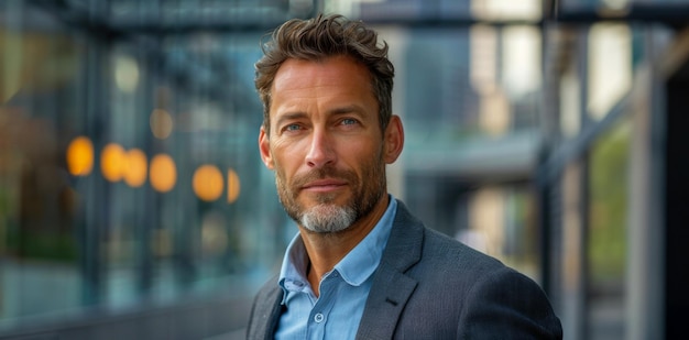 Photo a man in a suit and tie stands in front of a building