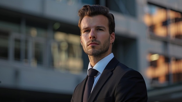 Photo a man in a suit and tie stands in front of a building