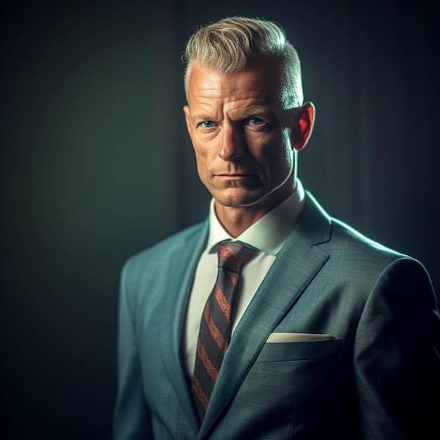 a man in a suit and tie stands in front of a dark background.