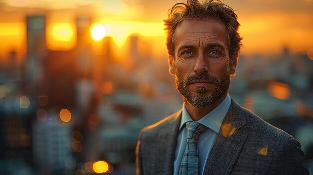 Photo a man in a suit and tie stands in front of a sunset background