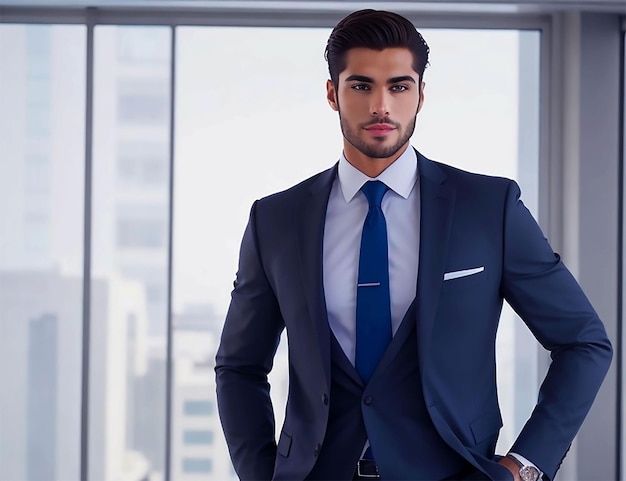 a man in a suit and tie stands in front of a window in a office