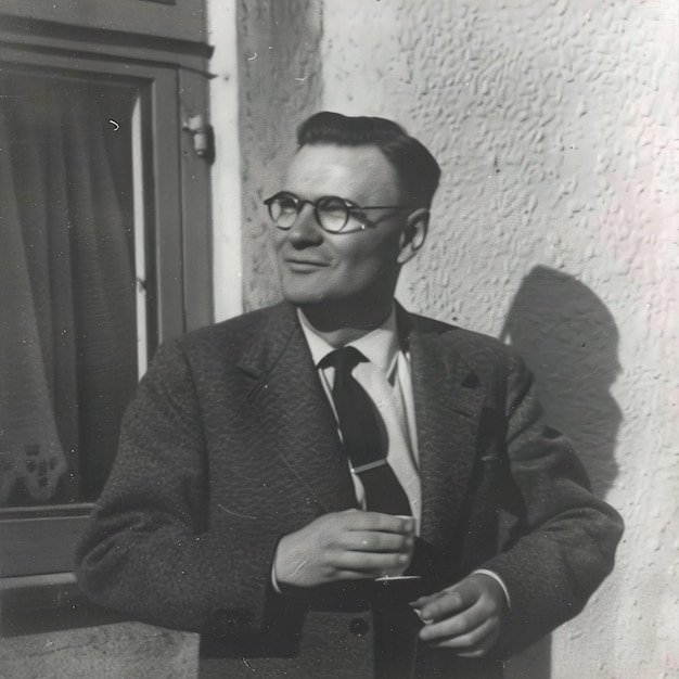 a man in a suit and tie stands in front of a window