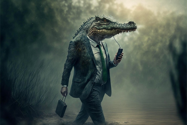 Man in a suit and tie walking next to a crocodile generative ai