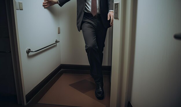 A man in a suit and tie walking out of a door