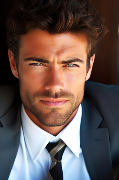 A man in a suit and tie with a blue eyes
