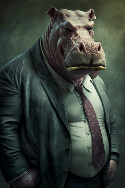Man in suit and tie with hippopotamus in his mouth Generative AI