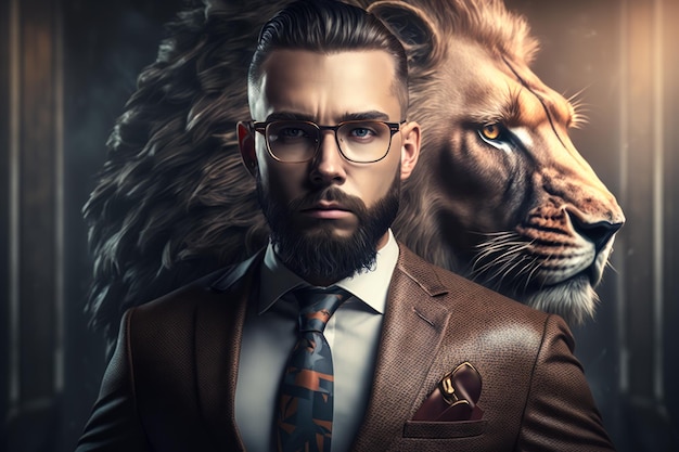 Man in suit and tie with lion behind him Generative AI