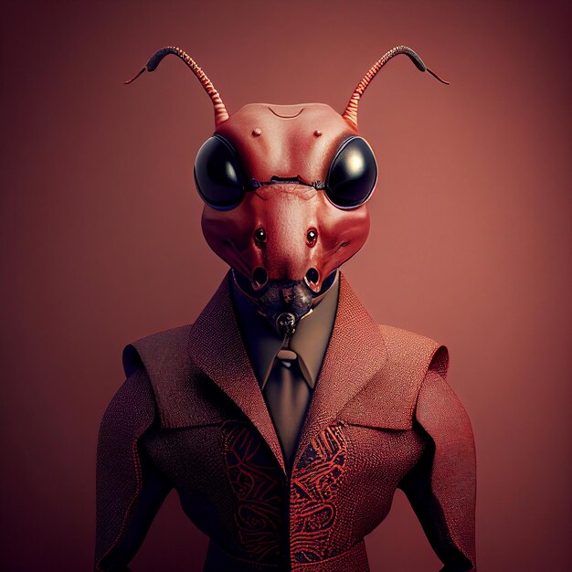 A man in a suit and tie with a red bug mask.