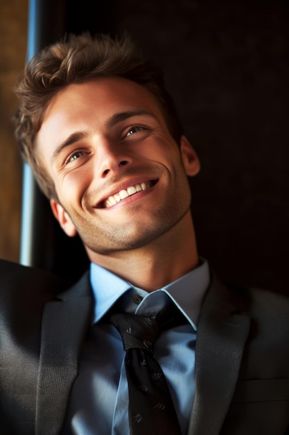 スーツを着てネクタイを締め、笑顔を浮かべた男性。
