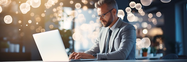 a man in a suit and tie working on a laptop