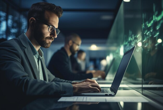 a man in a suit typing on a laptop