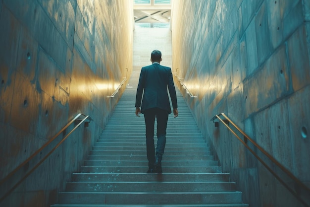 Man in a Suit Walking Down a Flight of Stairs
