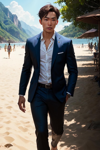 A man in a suit walks along a beach