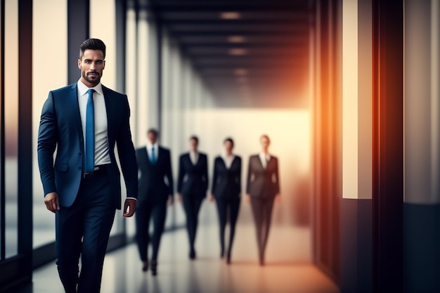 A man in a suit walks down a hallway with other people in the background.