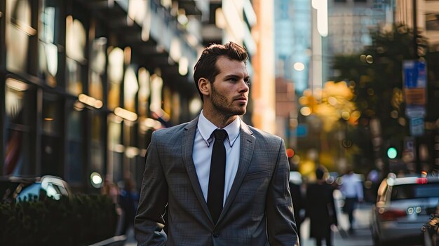 a man in a suit walks down a street in the city