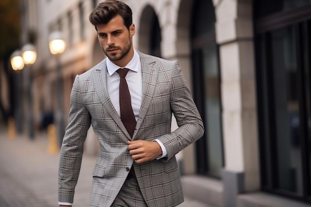 a man in a suit walks down a street