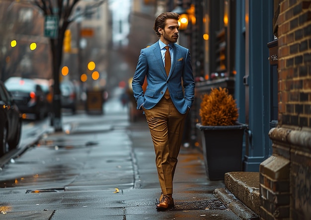 a man in a suit walks down a wet sidewalk