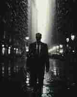Photo a man in a suit walks down a wet street in the rain