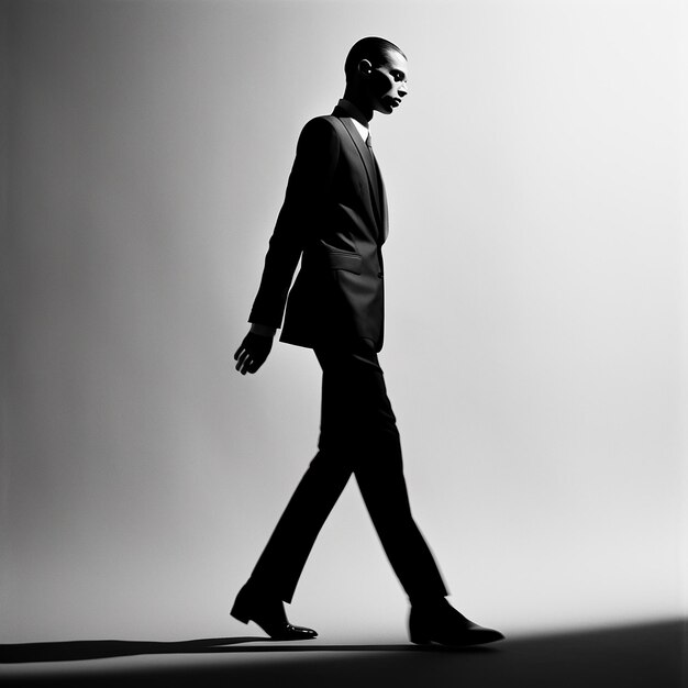 a man in a suit walks on a platform.