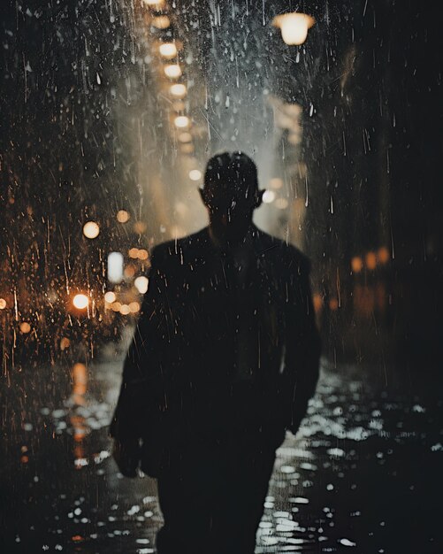 Photo a man in a suit walks in the rain with a blurry background of lights