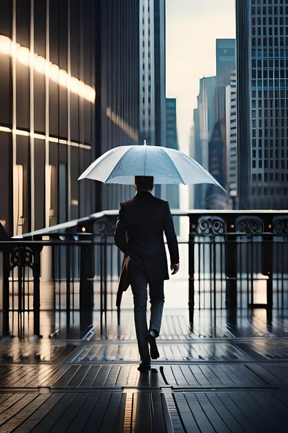 A man in a suit walks in the rain with an umbrella.