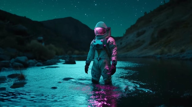 A man in a suit walks in a river with the sky in the background.