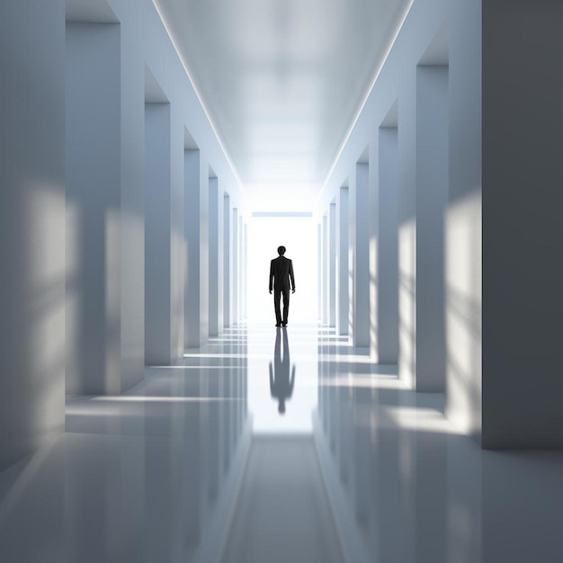 Photo a man in a suit walks through a long corridor with light shining on the floor